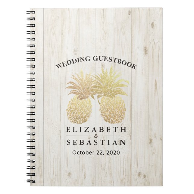 Livre d'or mariage Ananas chic en or Bois rustique (Devant)