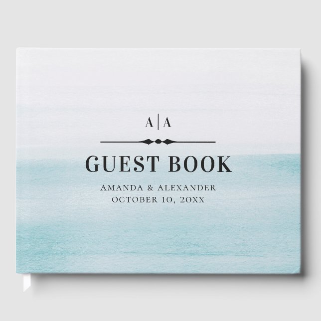 Livre D'or Mariage bleu aquarelle. Classique nautique élégant (Recto)