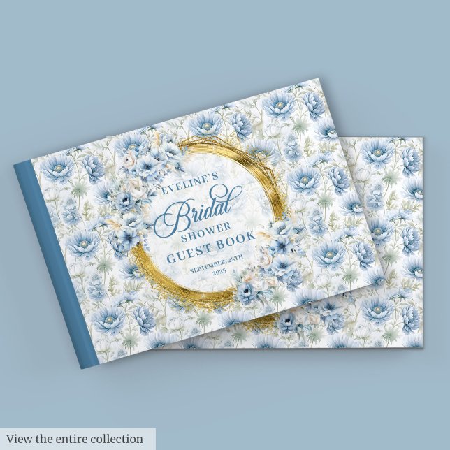 Livre D'or Mariage Bohème Éternel Fleurs Bleu Pâle et Or (Timeless Boho Pale Blue Gold Floral Bridal Shower Guest Book)