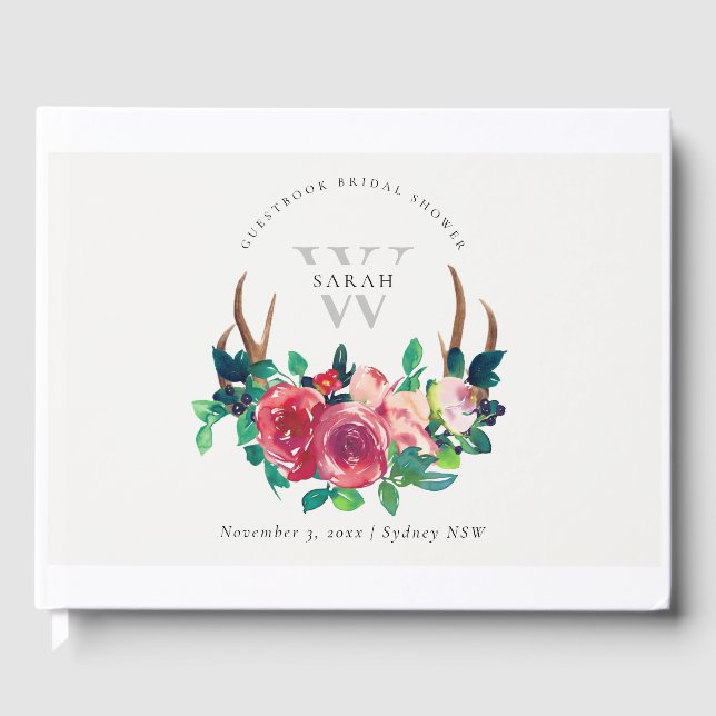 Livre D'or Mariage Bohème Rustique Rouge Fleurs Cerf Bois de  (Recto)