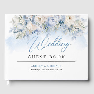 Livre D'or Mariage Boho Elegant Dusty Blue et Fleurs d'ivoire