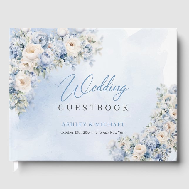 Livre D'or Mariage Boho Elegant Dusty Blue et Fleurs d'ivoire (Recto)