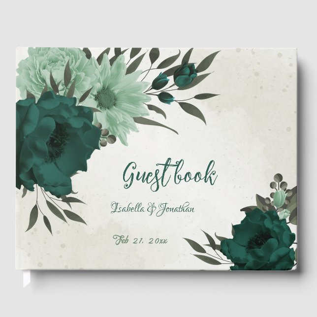 Livre D'or mariage botanique des fleurs vert émeraude (Recto)