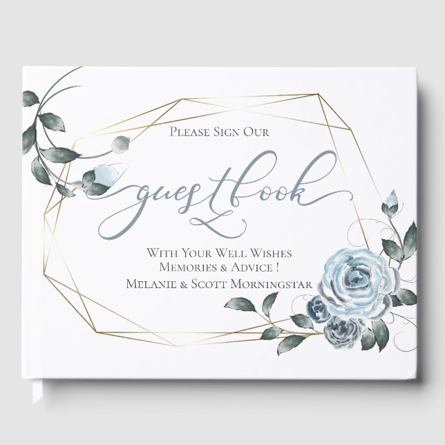 Livre D'or Mariage | Cadre bleu floral Dusty Gold (Recto)