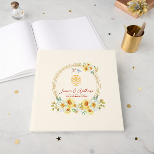 Livre D'or Mariage chinois cadre jaune oiseau fleuri élégant