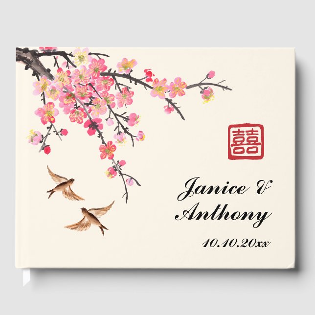 Livre D'or Mariage chinois de peinture à l'encre de fleurs (Recto)