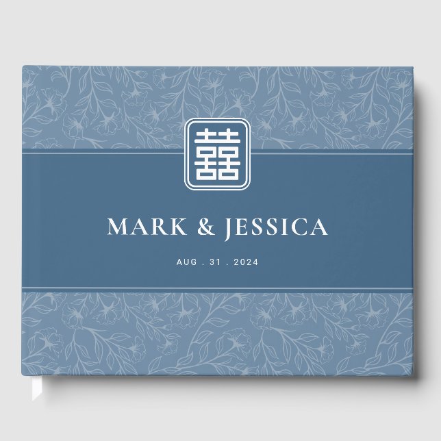 Livre D'or Mariage chinois gris bleu double bonheur (Recto)