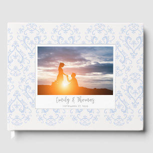 Livre D'or Mariage Classique Élégant Motif Damassé Bleu Clair
