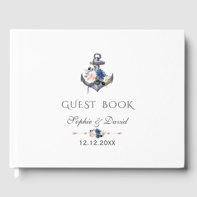 Livre D'or Mariage d'Ancre floral bleu rose marine (Recto)