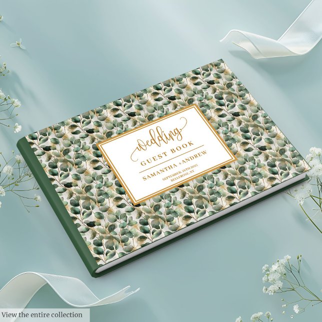 Livre d'or mariage d'aquarelle boho eucalyptus or (Watercolor boho eucalyptus gold wedding guest book)