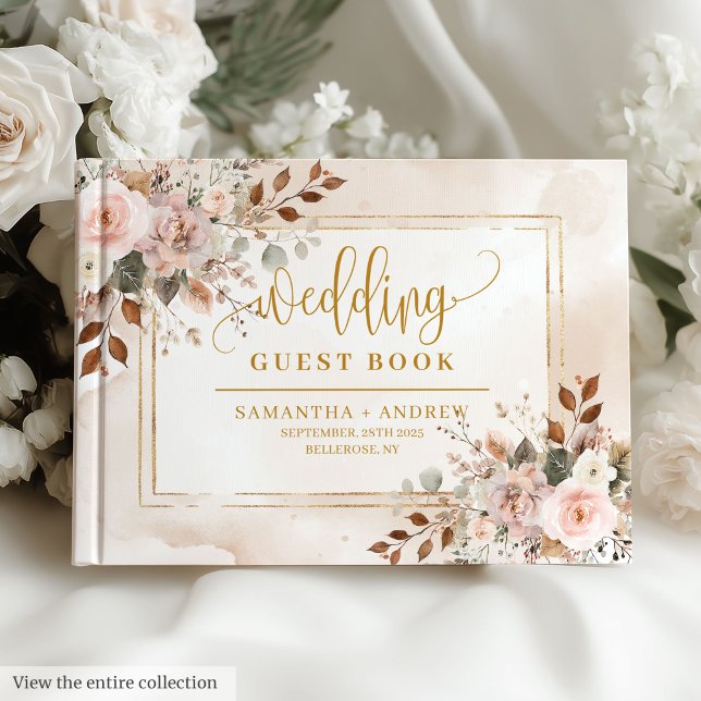 Livre D'or Mariage d'aquarelle d'automne rose clair élégant (Stylish Light Pink Gold Autumn Watercolor Wedding Guest Book)