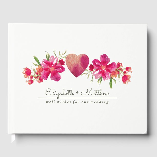 Livre D'or Mariage d'aquarelle Fuchsia Green Floral (Recto)