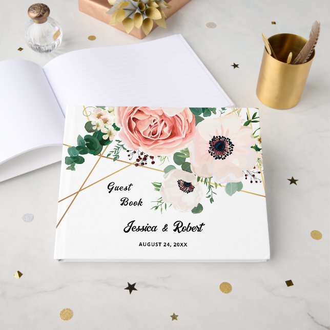 Livre D'or Mariage de chambre de mariée rose floral pastel (Recto ouvert)