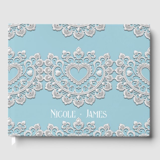 Livre D'or Mariage de coeur bleu turquoise blanc dentelle (Recto)