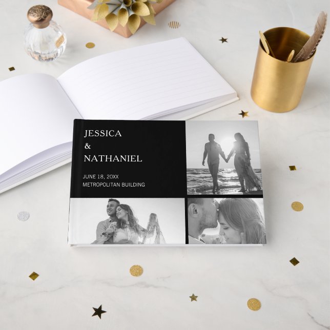 Livre D'or Mariage de collection moderne Black Three Photo (Recto ouvert)