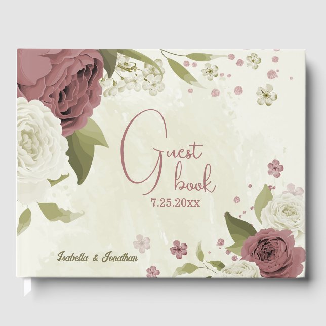 Livre D'or mariage de fleurs blanches rose et poussiéreuses (Recto)