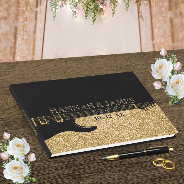 Livre D'or Mariage de guitare Parties scintillant noir et or (Black & Gold Glitter Guitar Wedding Guest Book)