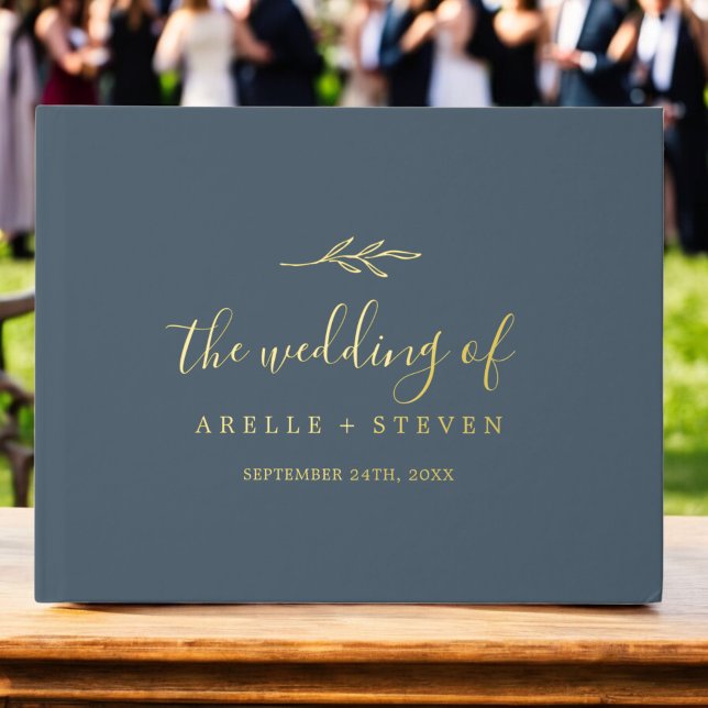 Livre D'or Mariage de monogramme pour huile d'or bleu ardoise (Minimal Leaf Slate Blue Gold Foil Monogram Wedding Foil Guest Book)