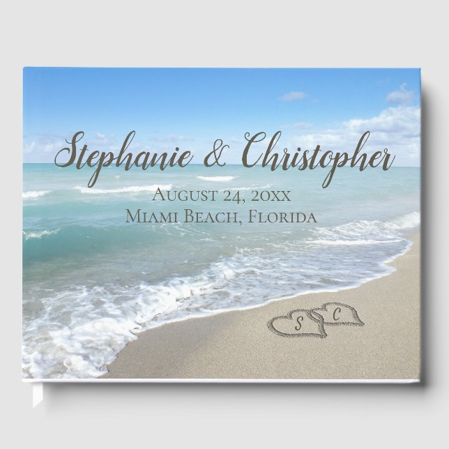 Livre D'or Mariage de plage Coeurs Monogrammes dans le sable (Recto)