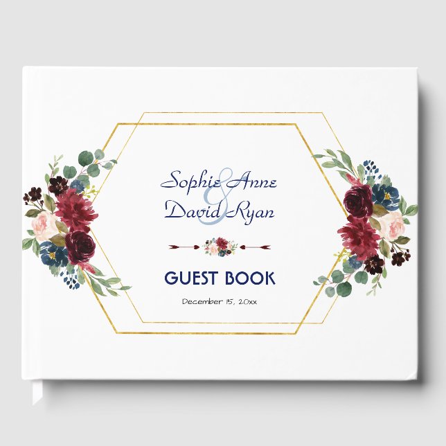 Livre D'or Mariage de trame Hexagon Or Floral Bourgogne (Recto)