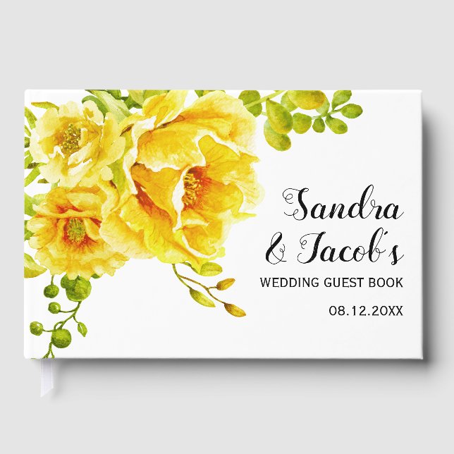 Livre D'or Mariage de typographie et fleurs d'aquarelle jaune (Recto)