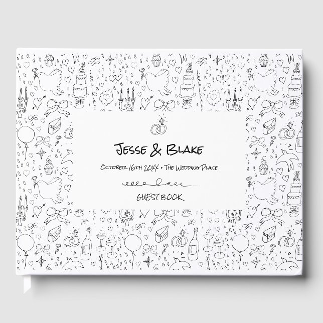 Livre D'or Mariage d'illustrations de Doodle en noir et blanc (Recto)