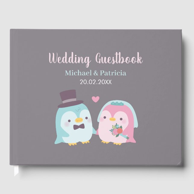 Livre D'or Mariage d'oiseaux amoureux : manchot mignon et sa  (Recto)