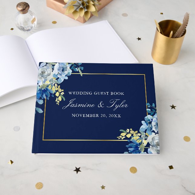 Livre D'or Mariage du soir élégant en or bleu marine (Recto ouvert)