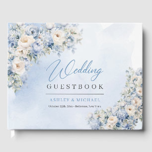 Livre D'or Mariage élégant boho fleurs bleu poussiéreux et iv