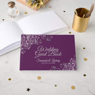 Livre D'or Mariage élégant filigrane argenté dentelle prune v