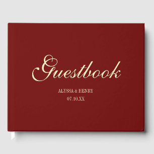 Livre D'or Mariage Élégant Monogramme Script Rouge Vin