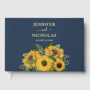 Livre D'or Mariage Élégant Tournesol Bleu Nuit Or