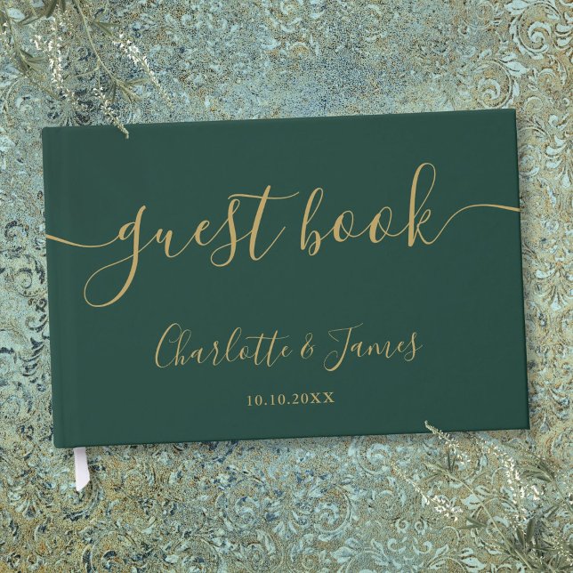 Livre D'or Mariage Emerald Green Et Gold Signature Script (Emerald Green And Gold Signature Script Wedding Guest Book)