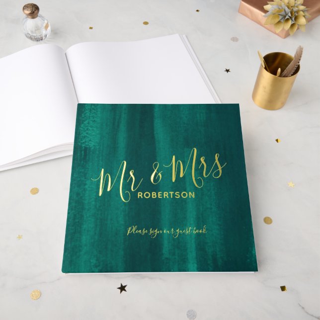 Livre D'or Mariage émeraude vert et or réel Foil Guestbook (Recto ouvert)