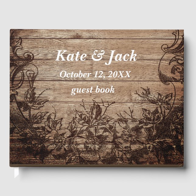 Livre D'or Mariage en bois gravé vintage (Recto)