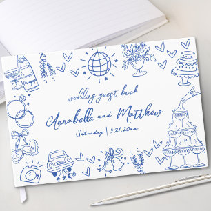 Livre D'or Mariage Fantaisiste Bleu Dessiné à la Main