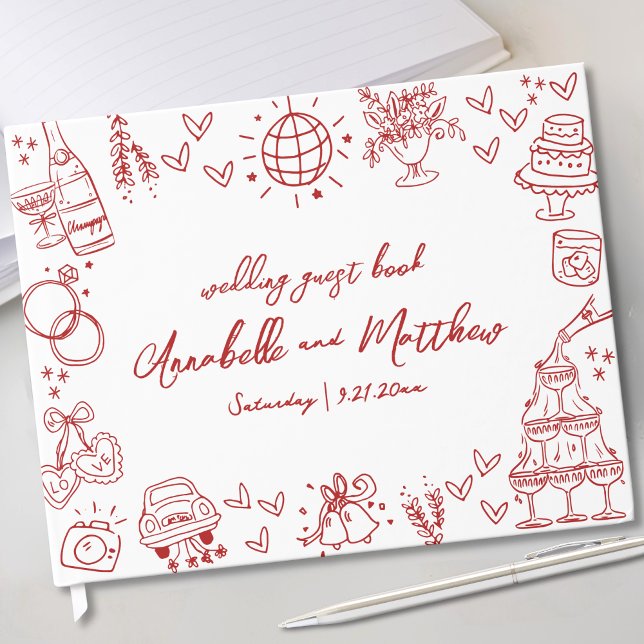 Livre D'or Mariage Fantaisiste Rouge Dessiné à la Main (Hand Drawn Red Whimsical Wedding Guest Book)