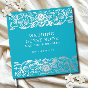 Livre D'or Mariage Fleur Bleu Vintage Feuille de Métal Réelle
