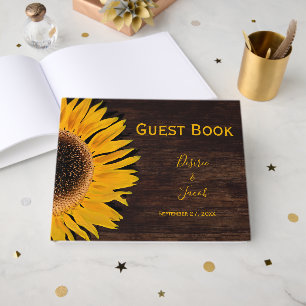 Livre D'or Mariage Fleur de Tournesol Jaune Bois Brun Rustiqu