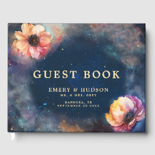 Livre D'or Mariage Fleur Galaxie Céleste Nuit Étoilée Bleue