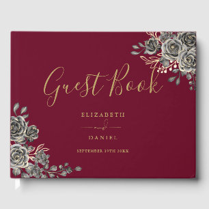Livre D'or Mariage Fleurs de Roses Gothiques Rouge Bourgogne 