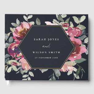 LIVRE D'OR MARIAGE FLORAL À L'AQUARELLE BOURGOGNE ROSE FONÇÉ
