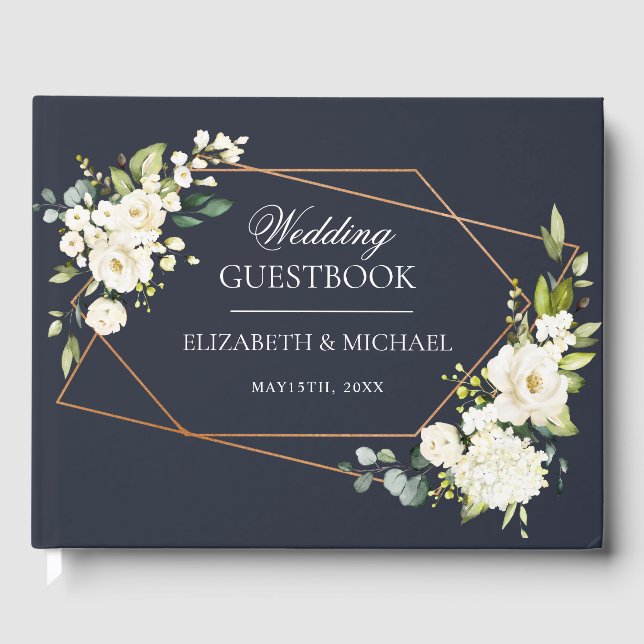 Livre D'or Mariage floral blanc blanc bleu cuivré géométrique (Recto)