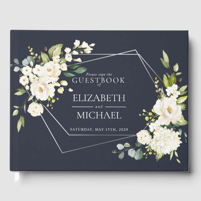 Livre D'or Mariage floral blanc blanc bleu marine géométrique (Recto)