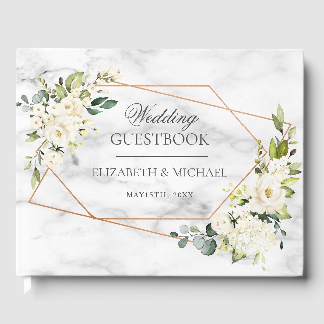Livre D'or Mariage floral blanc géométrique en marbre de cuiv (Recto)