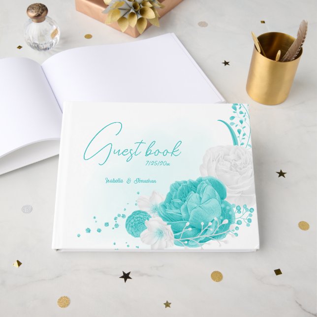 Livre D'or mariage floral blanc turquoise (Recto ouvert)