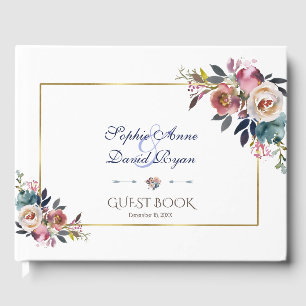 Livre D'or Mariage floral bleu doré rose