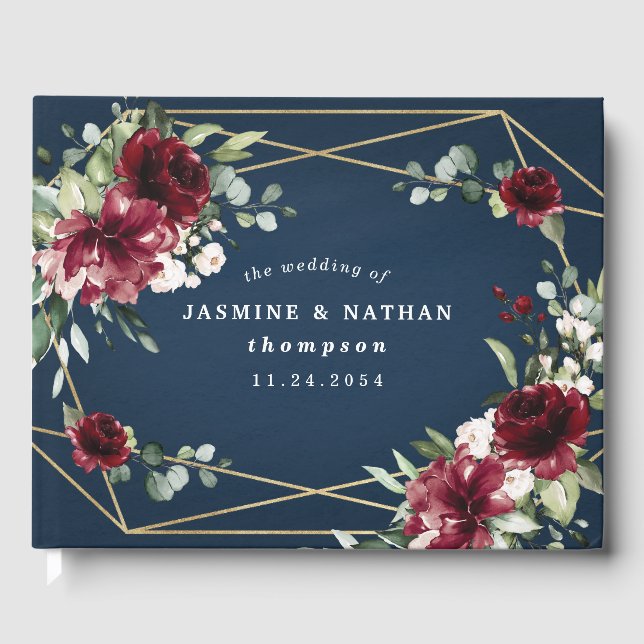 Livre D'or Mariage floral bleu marine Bourgogne bleu rose (Recto)