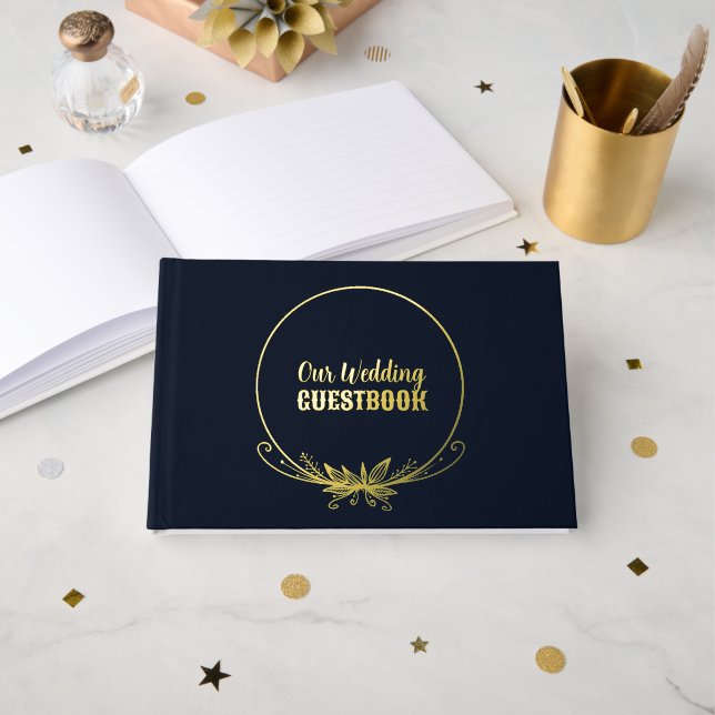 Livre D'or Mariage floral bleu marine et or (Recto ouvert)
