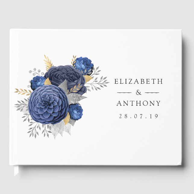 Livre D'or Mariage floral bleu marine, or et argent (Recto)